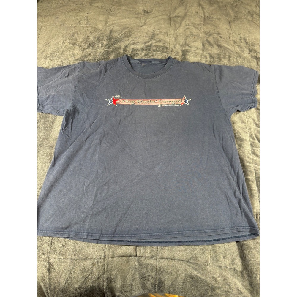 Cowgirl Tuff Co Flag Wavin Cowgirl‎ Graphic T-Shirt Navy Blue Sun Faded Mens XL